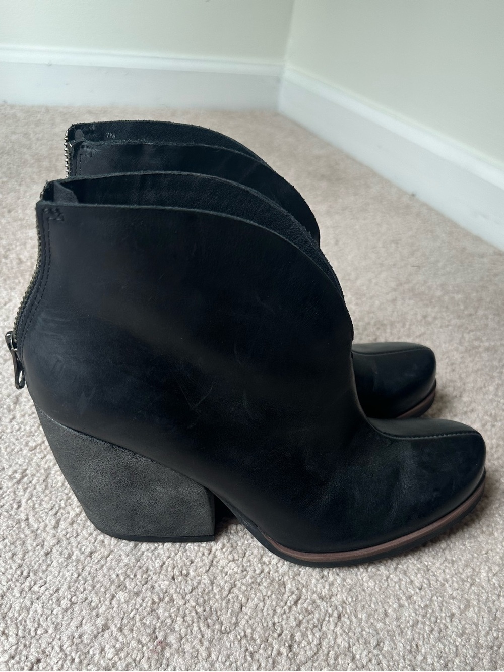 Kork-Ease Black Leather Scalloped Ankle Booties with Block Heel